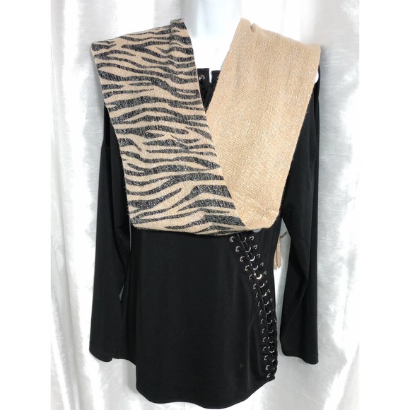 Metallic silver thread caramel tan black zebra stripe tiger scarf - Picture 3 of 6